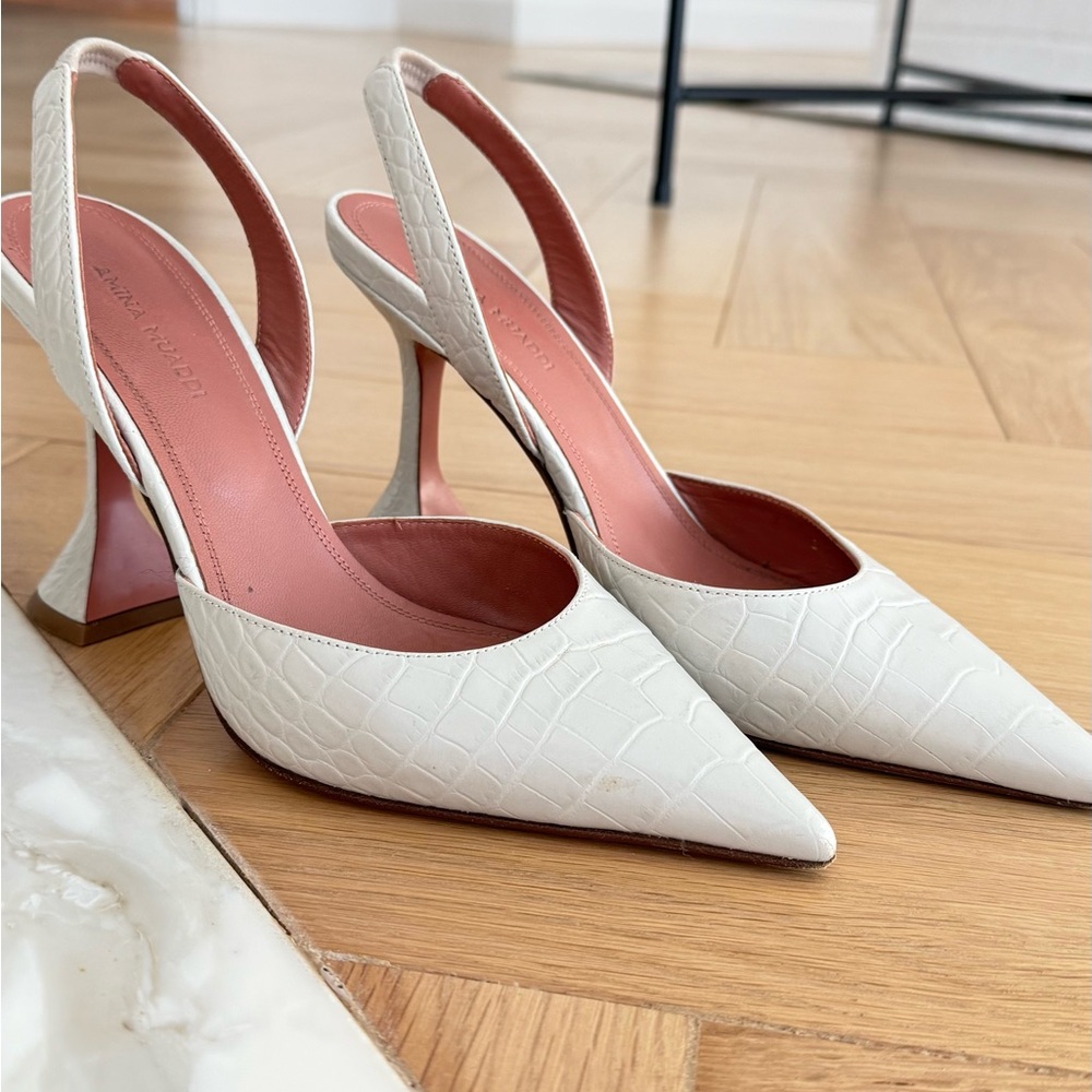 Amina Muaddi White Croc-Embossed Slingback Pumps with Pink Lining